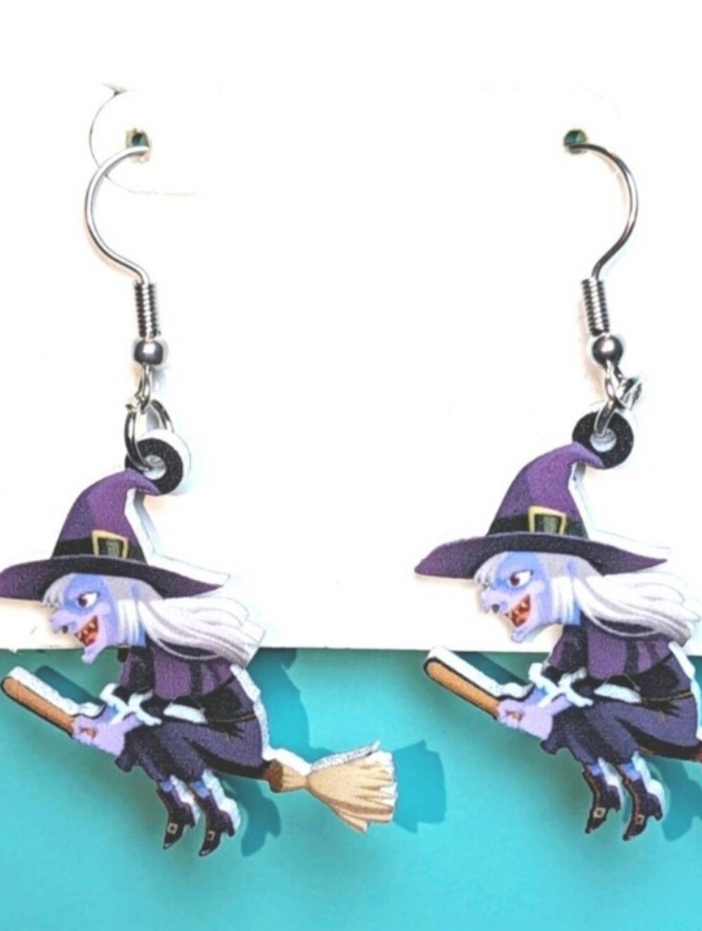 Purple Witch on Broom Dangle Earrings